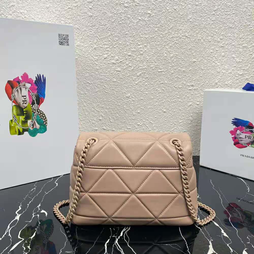 Side angle showing polished silver hardware on Prada Spectrum Bag
