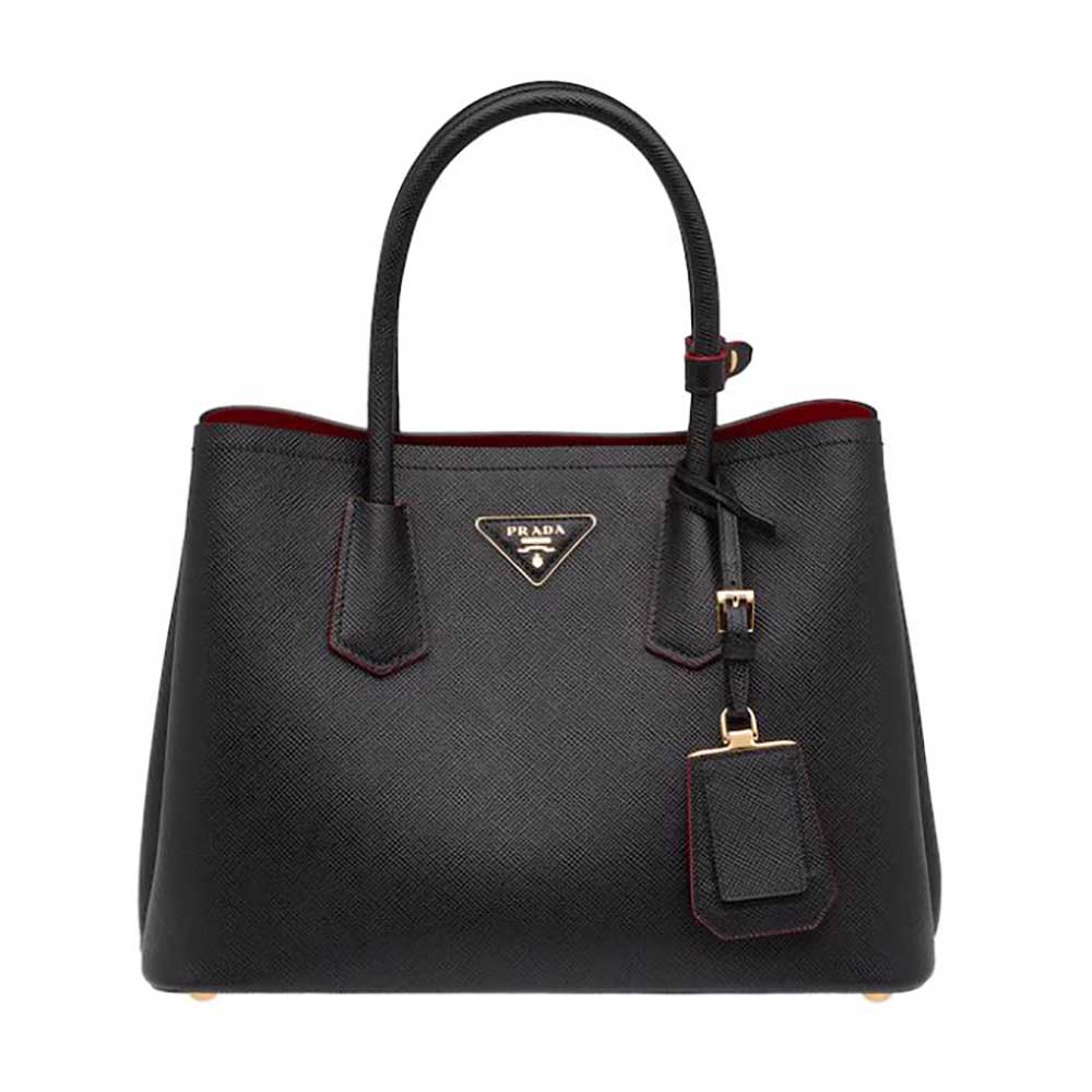 Front view of Prada Women Small Saffiano Leather Double Prada Bag-Black