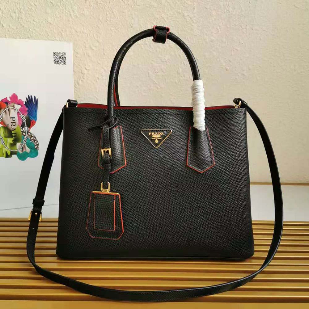 Close-up of gold-tone hardware on Prada Women Small Saffiano Leather Double Prada Bag-Black