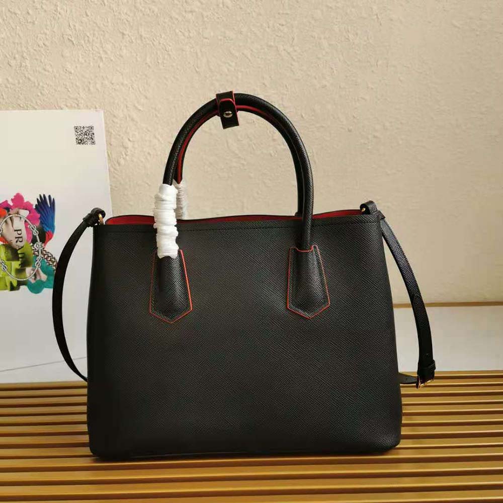 Side profile showcasing compact silhouette of Prada Women Small Saffiano Leather Double Prada Bag-Black