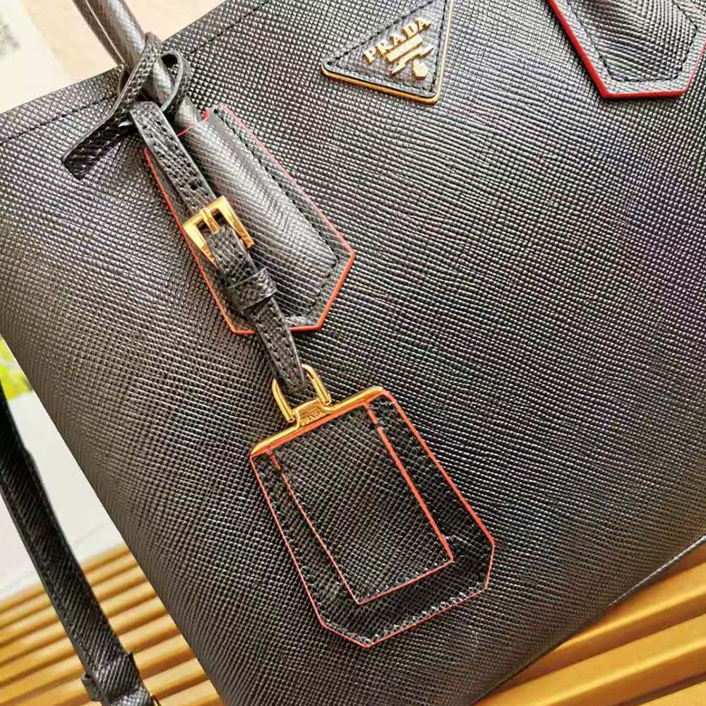 Prada Women Small Saffiano Leather Double Prada Bag-Black - image 10