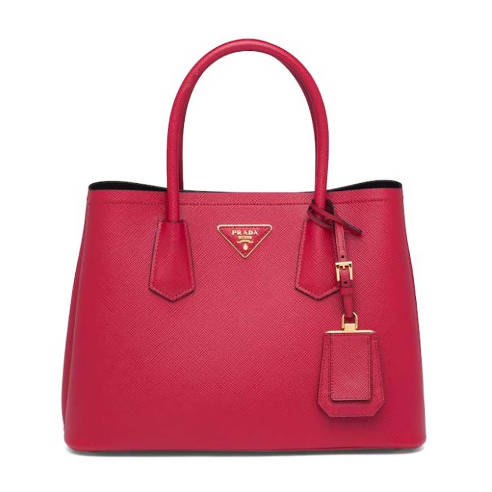 Front view of Prada Women Small Saffiano Leather Double Prada Bag-Red