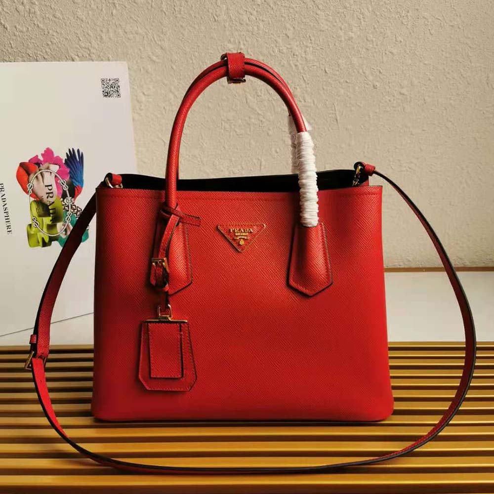 Close-up of gold hardware on Prada Women Small Saffiano Leather Double Prada Bag-Red