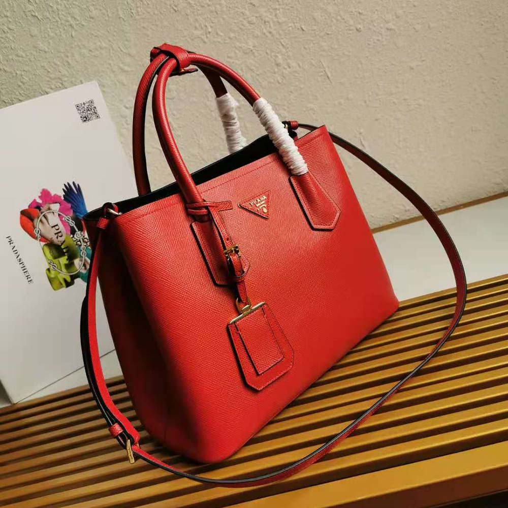 Prada Women Small Saffiano Leather Double Prada Bag-Red - image 4