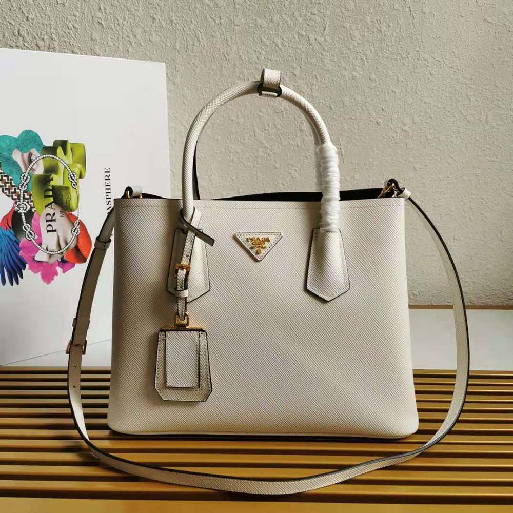 Close-up of silver-tone hardware on Prada Women Small Saffiano Leather Double Prada Bag-White