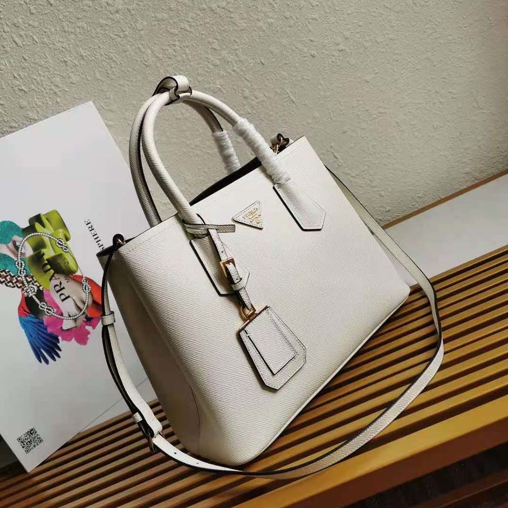 Prada Women Small Saffiano Leather Double Prada Bag-White - image 4