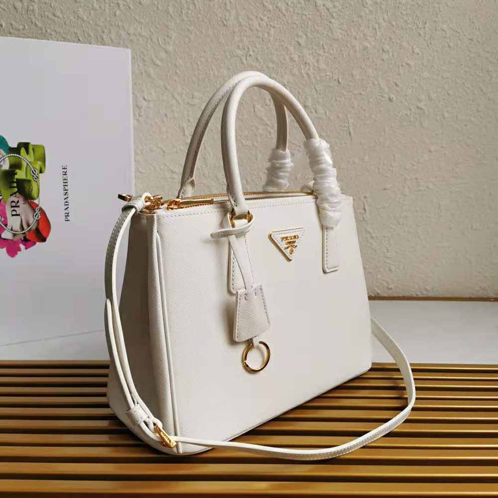 Side profile showing silhouette of Prada Women Small Saffiano Leather Prada Galleria Bag-White