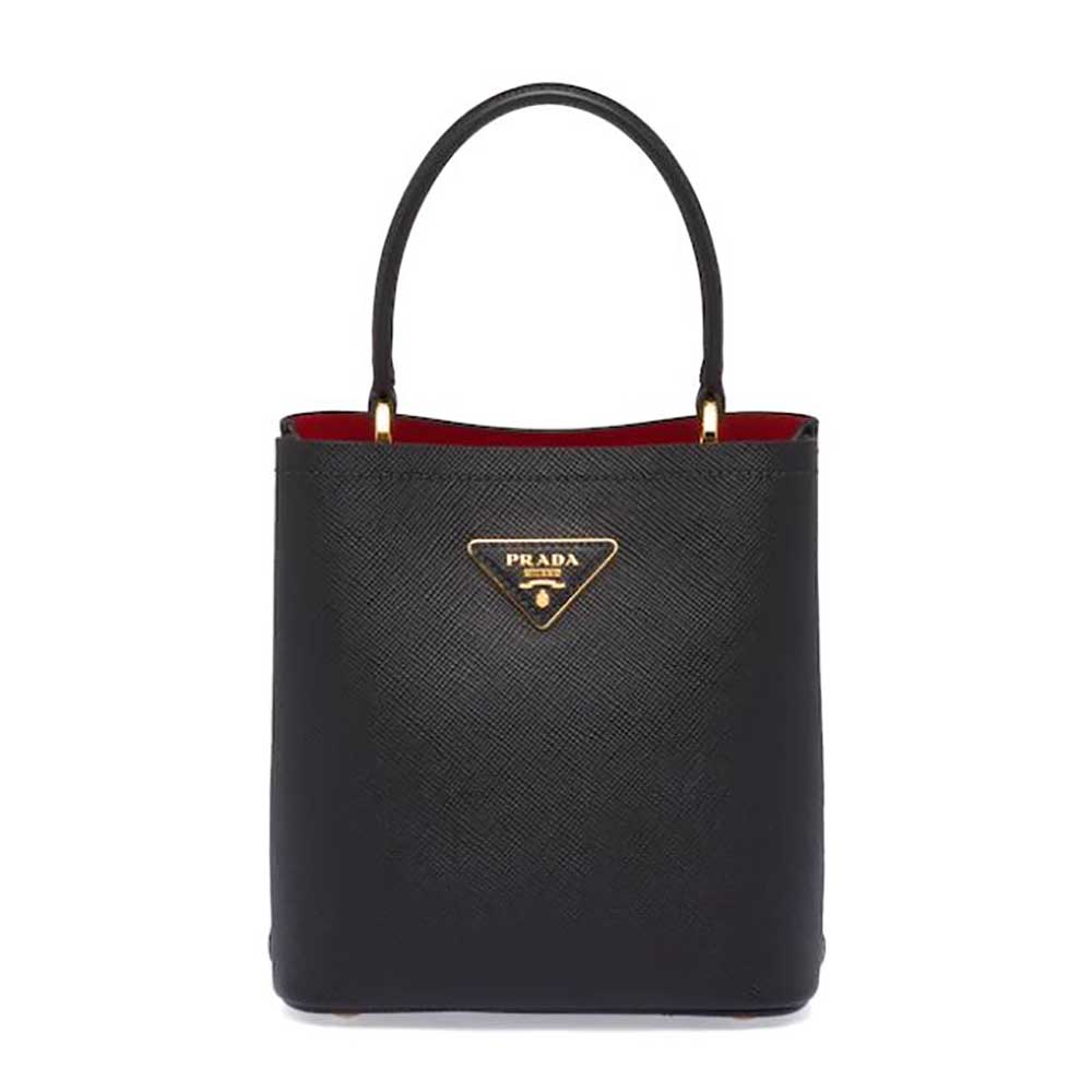 Front view of Prada Women Small Saffiano Leather Prada Panier Bag-Black