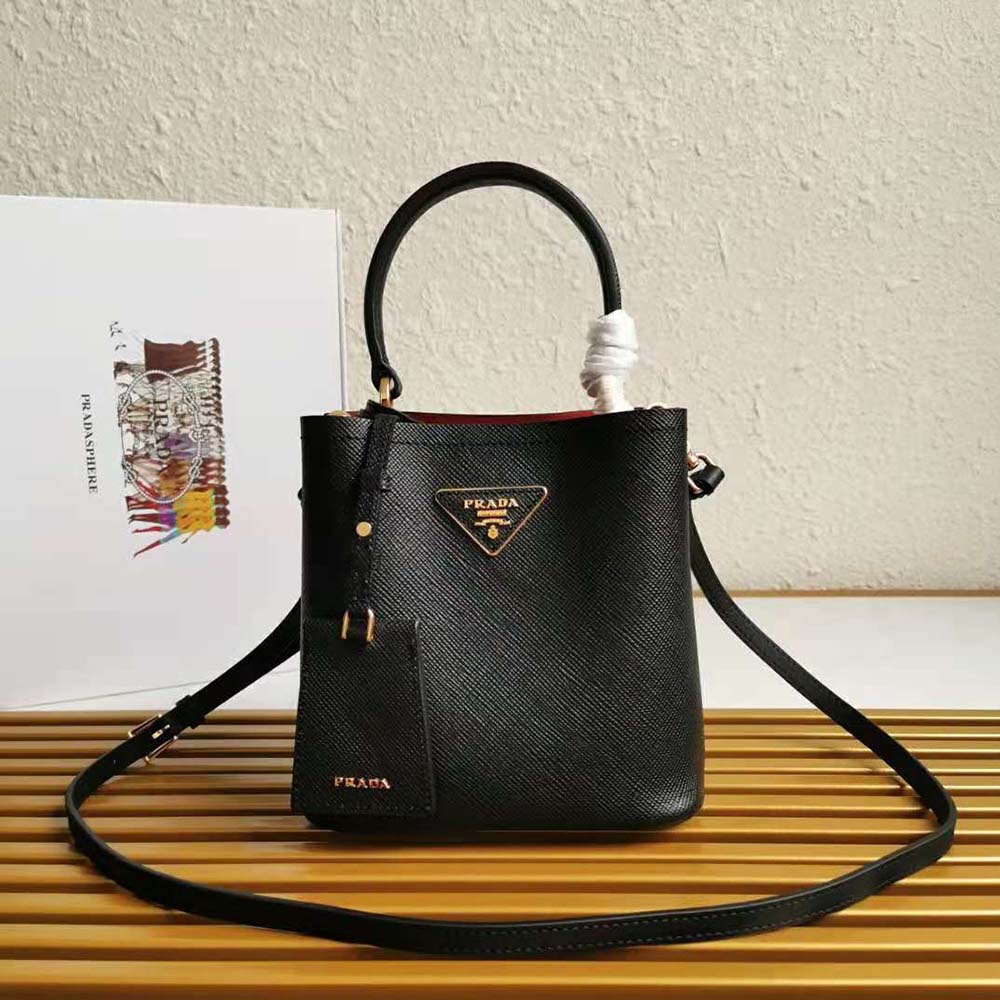 Close-up detail of silver hardware on Prada Women Small Saffiano Leather Prada Panier Bag-Black