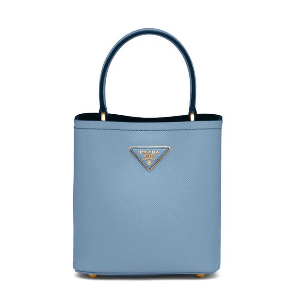 Front view of Prada Women Small Saffiano Leather Prada Panier Bag-Blue