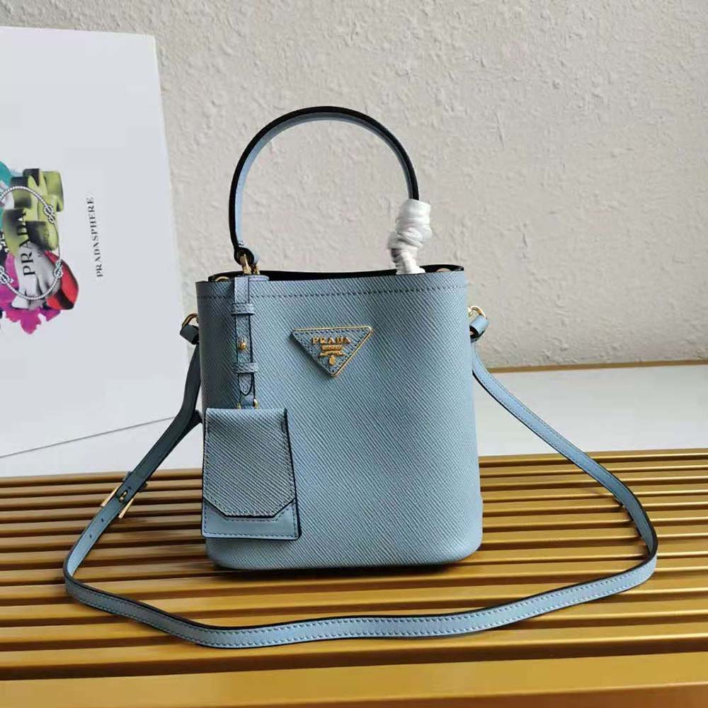 Close-up of gold-tone hardware on Prada Women Small Saffiano Leather Prada Panier Bag-Blue