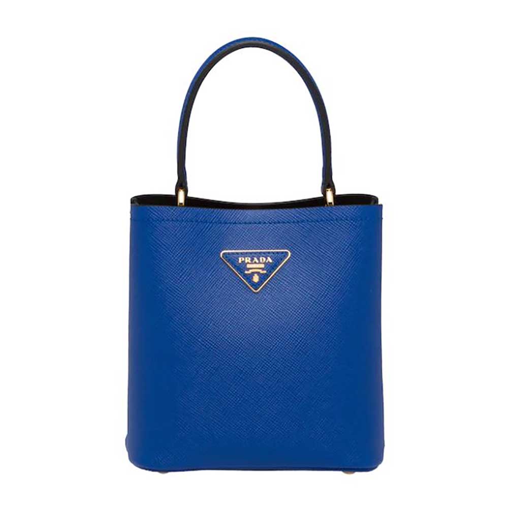 Front view of Prada Women Small Saffiano Leather Prada Panier Bag-Navy