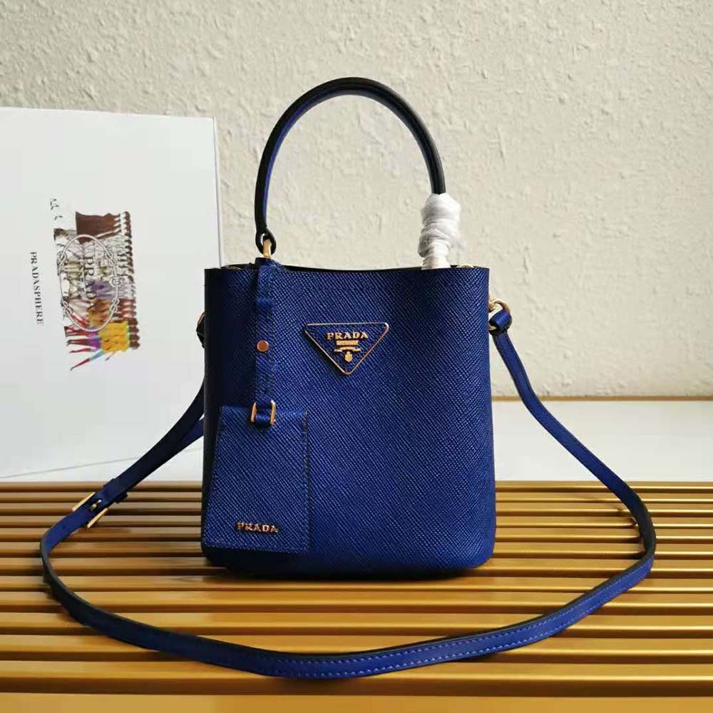 Close-up of navy saffiano leather texture on Prada Panier Bag