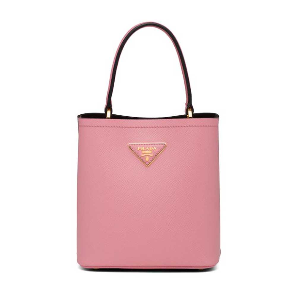 Front view of Prada Women Small Saffiano Leather Prada Panier Bag-Pink