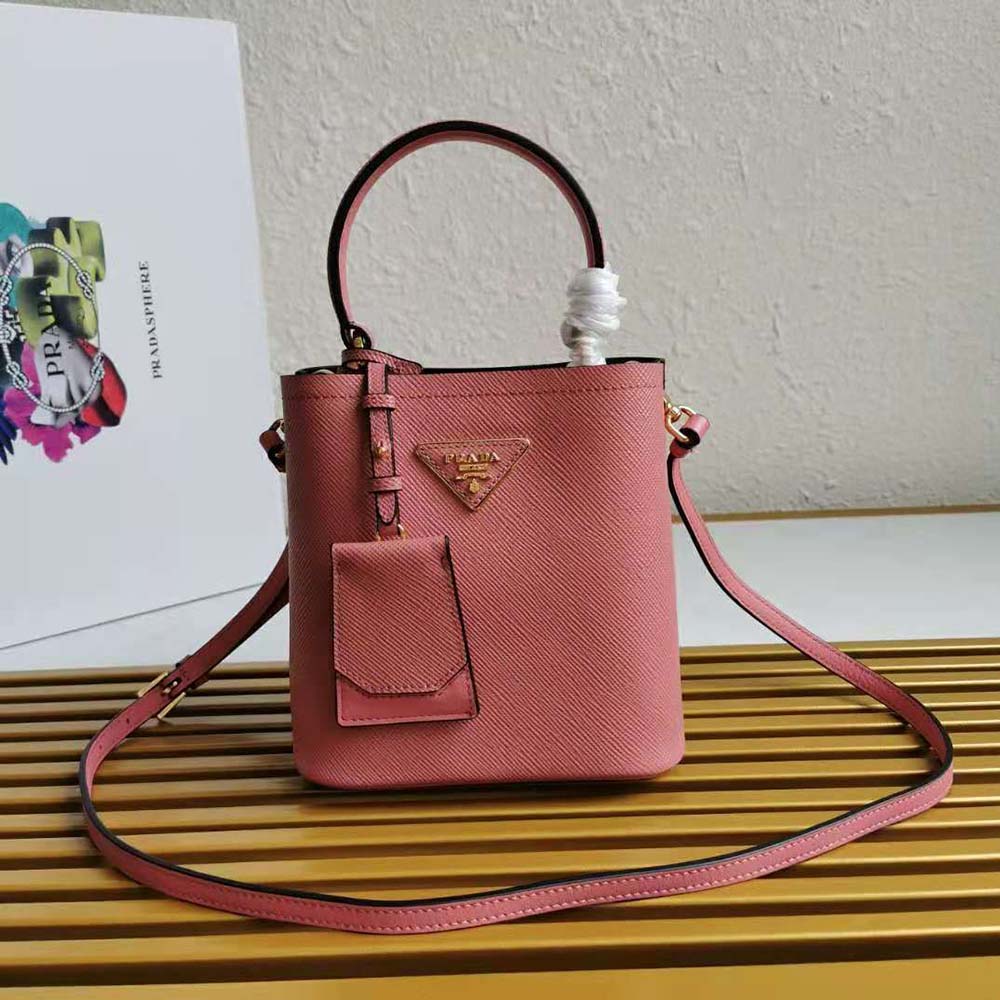 Close-up of silver-tone hardware on Prada Women Small Saffiano Leather Prada Panier Bag-Pink