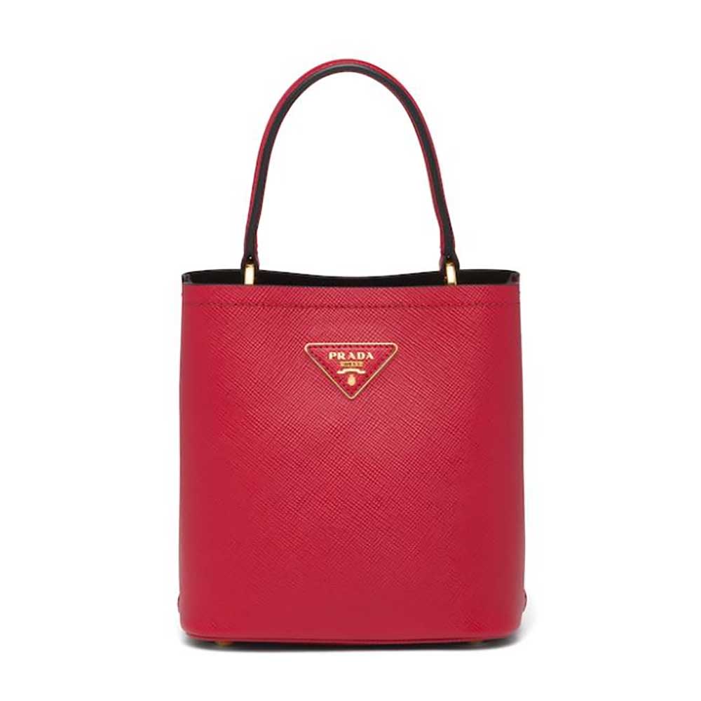 Front view of Prada Women Small Saffiano Leather Prada Panier Bag-Red