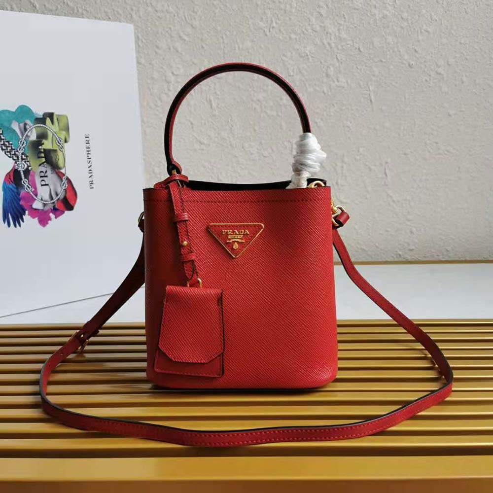 Close-up of gold hardware on Prada Women Small Saffiano Leather Prada Panier Bag-Red