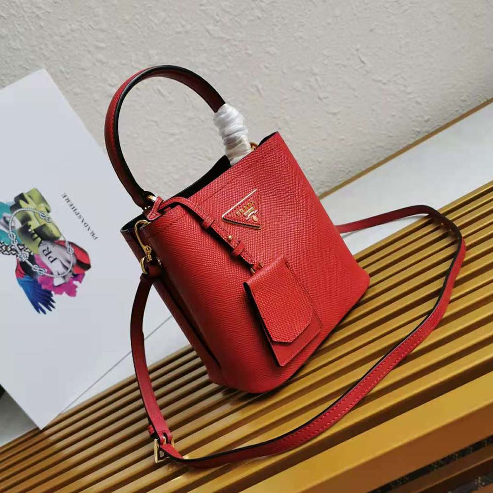 Prada Women Small Saffiano Leather Prada Panier Bag-Red - image 4