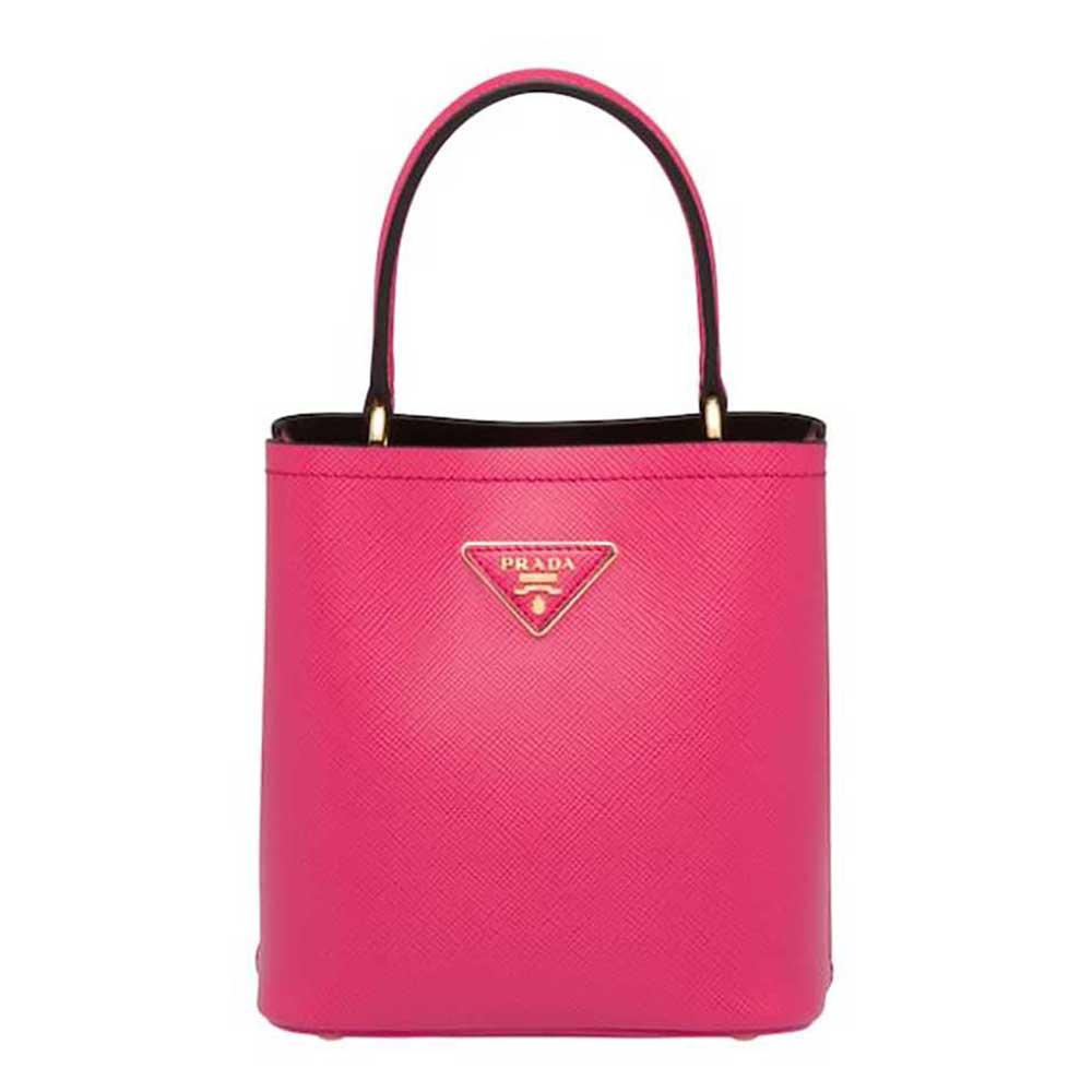 Front view of Prada Women Small Saffiano Leather Prada Panier Bag-Rose