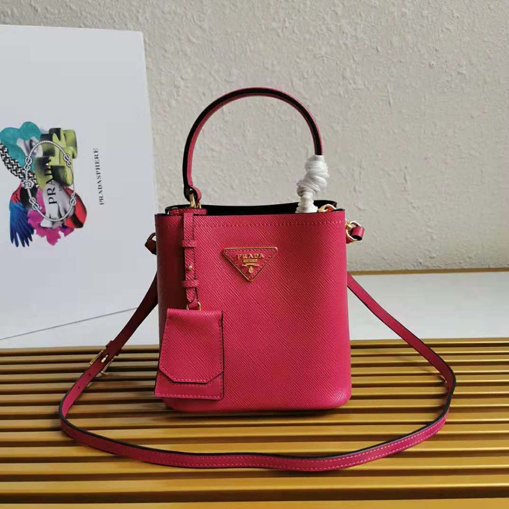 Close up of silver hardware on Prada Women Small Saffiano Leather Prada Panier Bag-Rose