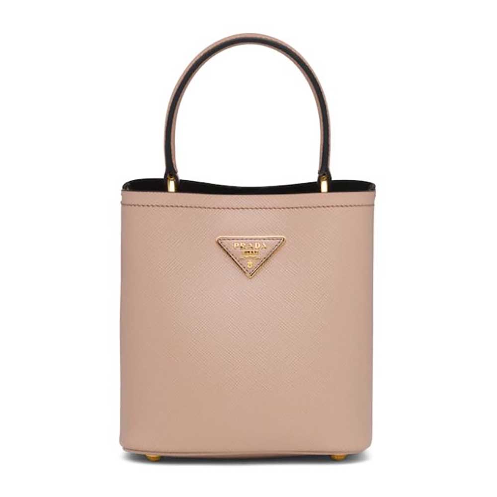 Front view of Prada Women Small Saffiano Leather Prada Panier Bag-Sandy
