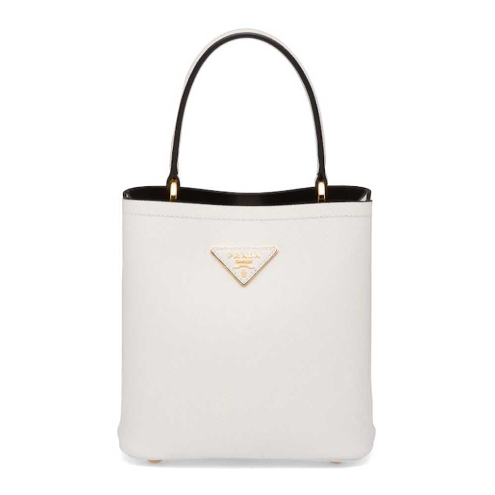 Front view of Prada Women Small Saffiano Leather Prada Panier Bag-White