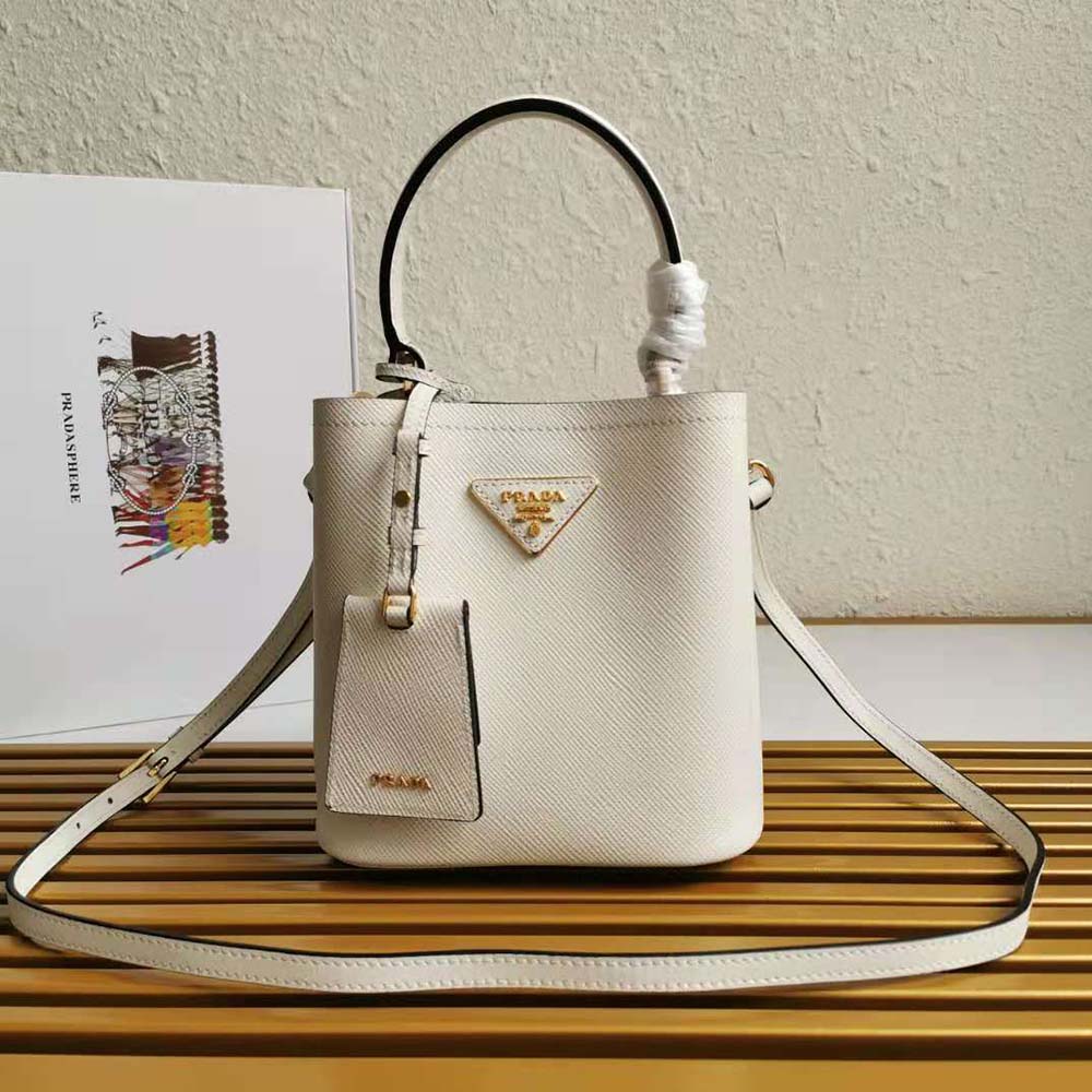 Close-up of gold-tone hardware on Prada Women Small Saffiano Leather Prada Panier Bag-White