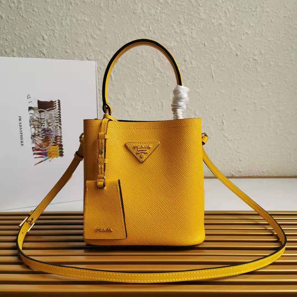 Close-up of saffiano leather texture and silver hardware on Prada Panier Bag