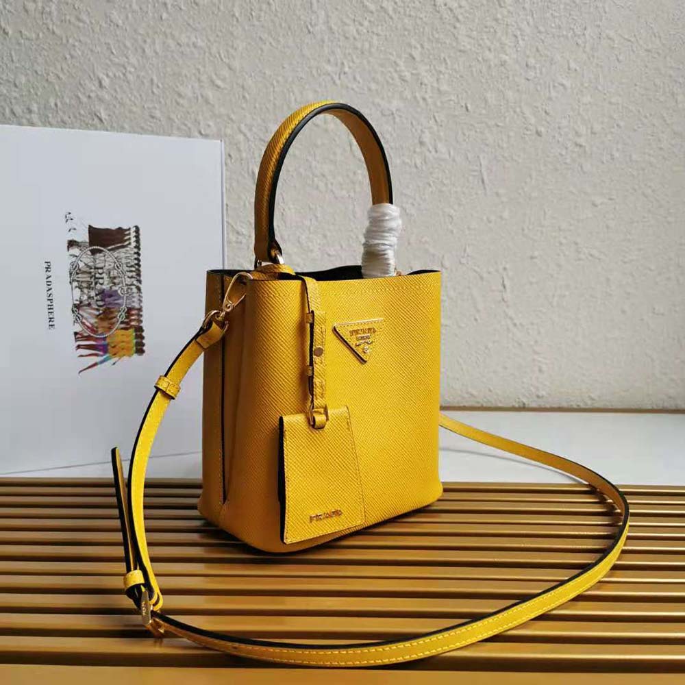 Prada Women Small Saffiano Leather Prada Panier Bag-Yellow - image 4
