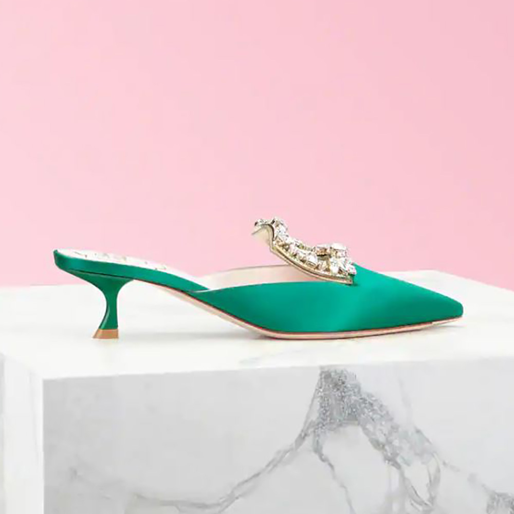 Side view of Roger Vivier Women Broche Vivier Buckle Mules in Satin 4.5 cm Heel-Green