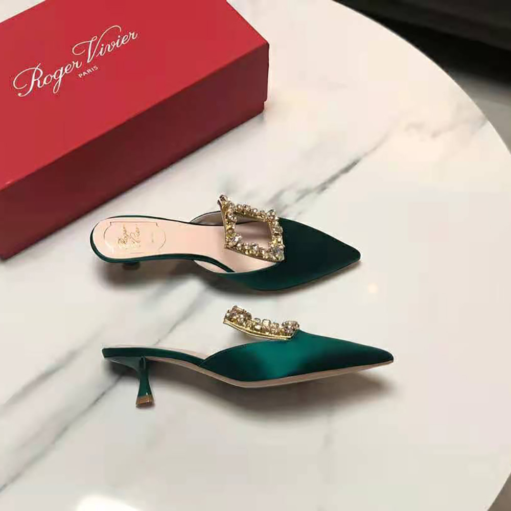 Top view showing green satin and 4.5 cm heel Roger Vivier Buckle Mules