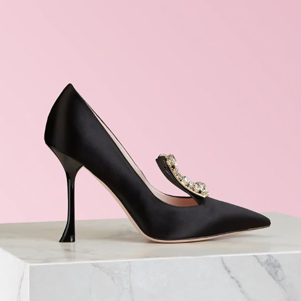 Side view of Roger Vivier Women Broche Vivier Buckle Pumps in Black Satin