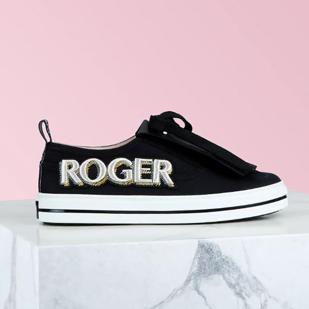 Side profile shot of Roger Vivier Women Call Me Vivier Patch Sneakers-Black