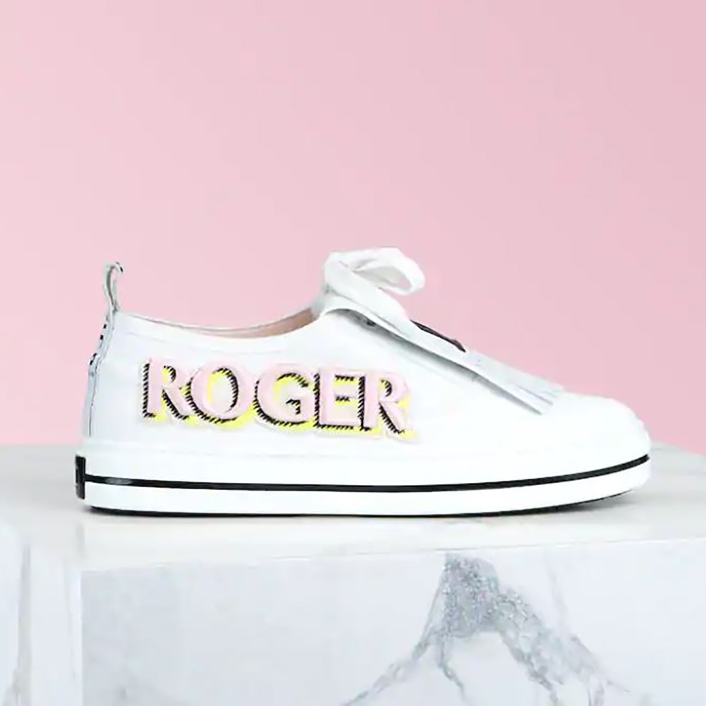 Side view of Roger Vivier Women Call Me Vivier Patch Sneakers-White showing patch detail