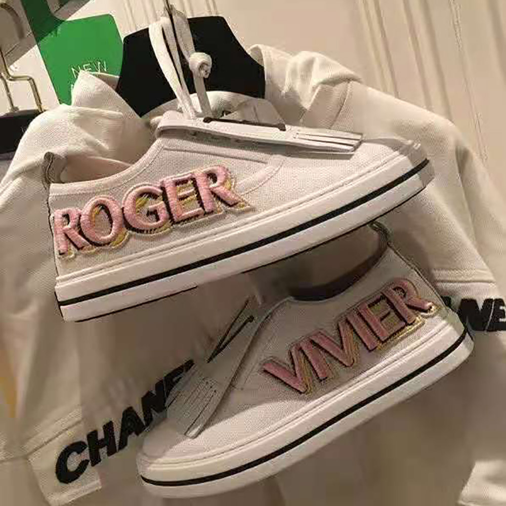 Top-down view highlighting low-top silhouette of Roger Vivier Women Call Me Vivier Patch Sneakers-White