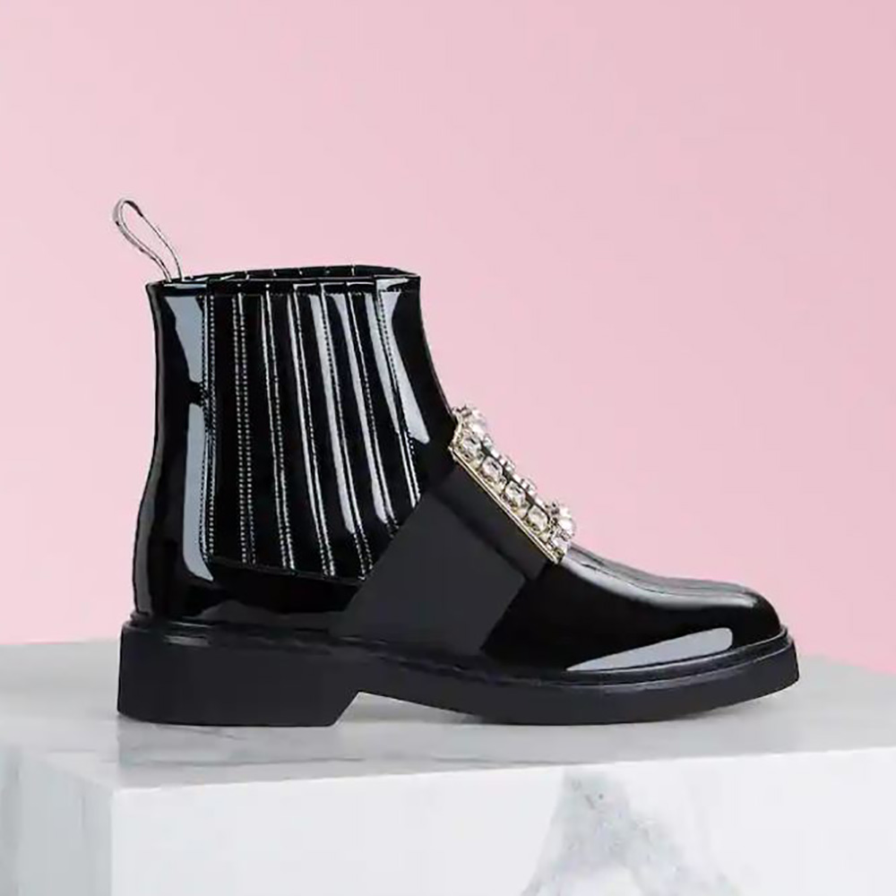 Side view of Roger Vivier Chelsea Viv’ Rangers Strass Buckle Ankle Boots-Black