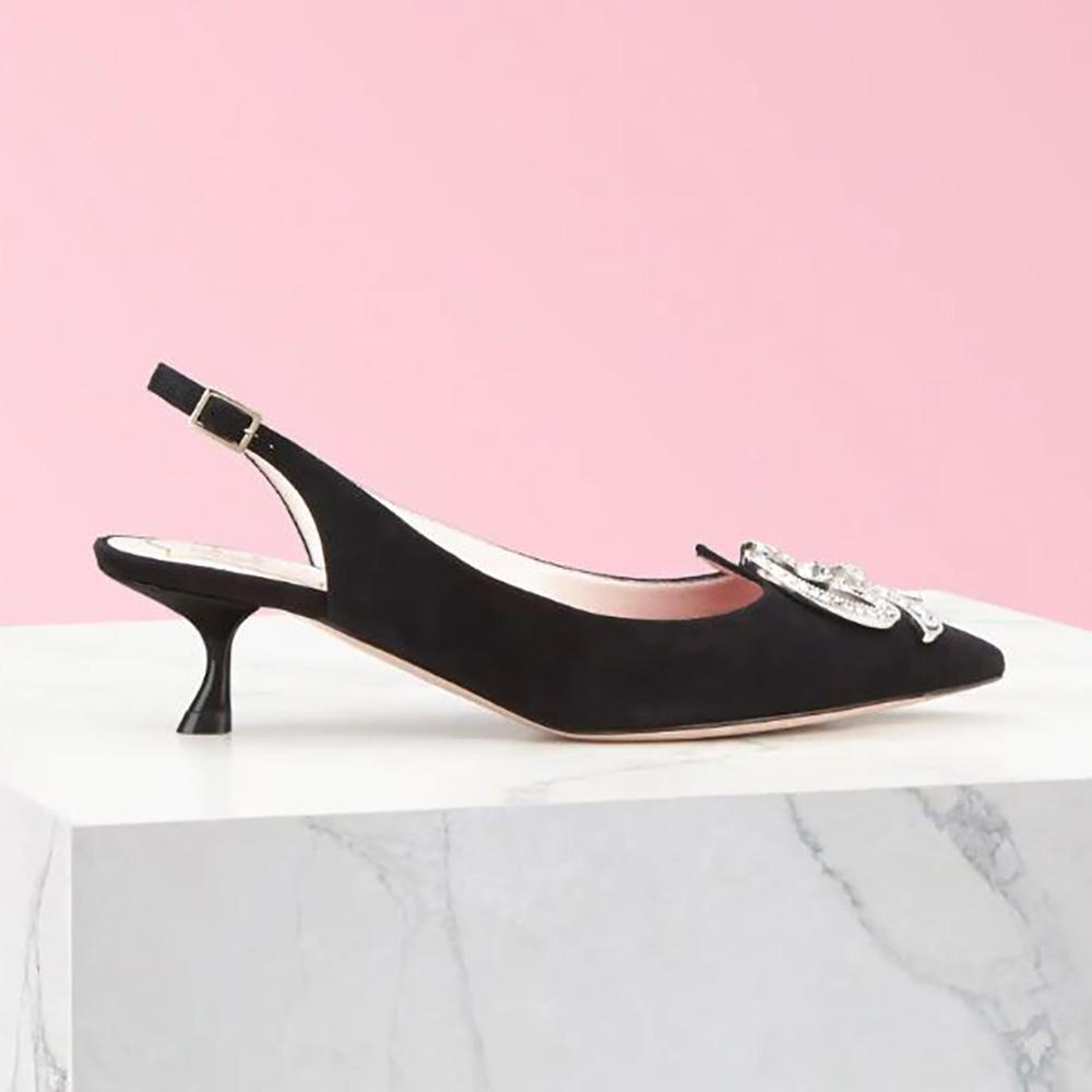 Side view of Roger Vivier Women I Love Vivier RV Jewel Slingback Pumps in Suede