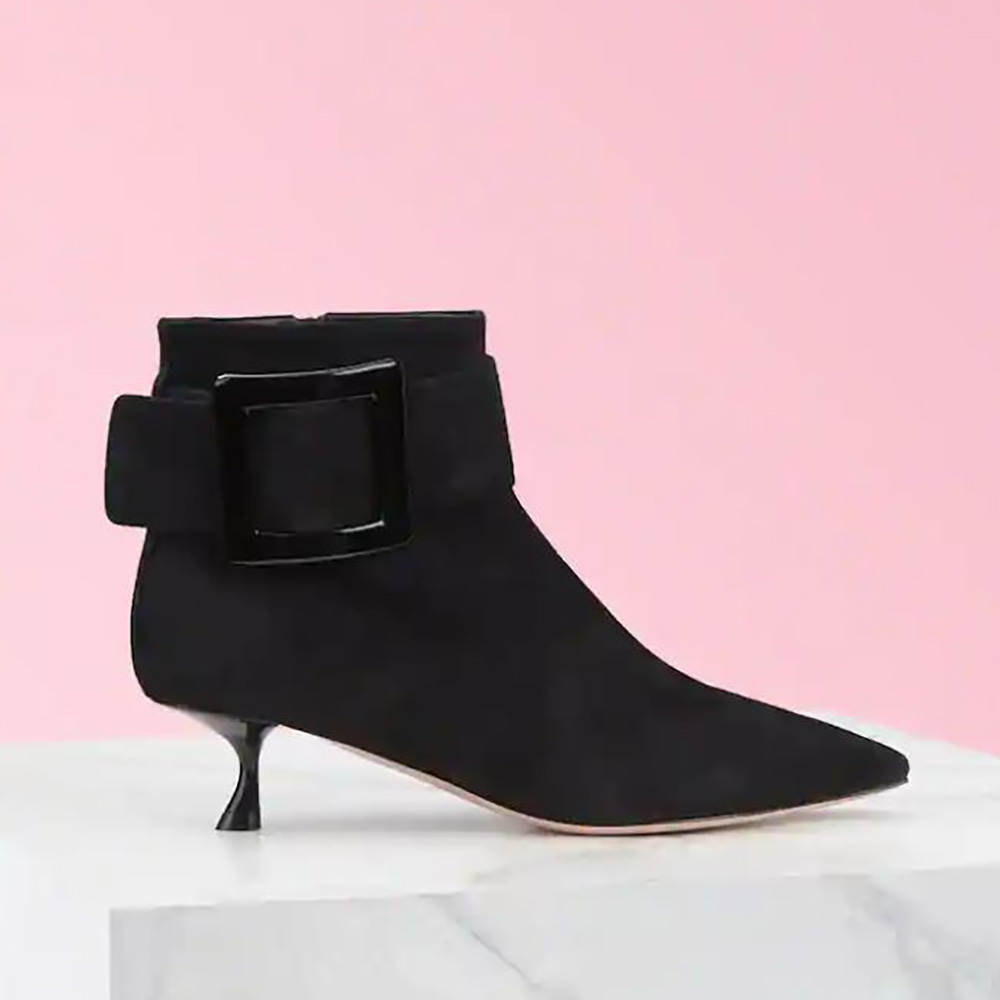 Side view of Roger Vivier Women Pointy Covered Buckle Ankle Boots in Suede black
