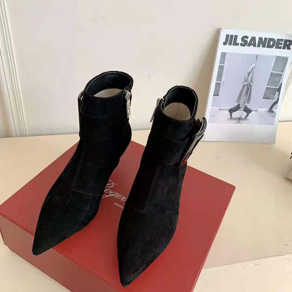 Close-up of covered buckle detail on Roger Vivier Women Pointy Covered Buckle Ankle Boots