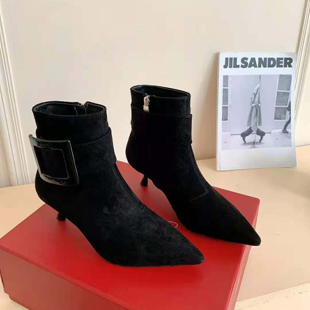 Back angle showing sleek leather sole on Roger Vivier Women Pointy Covered Buckle Ankle Boots