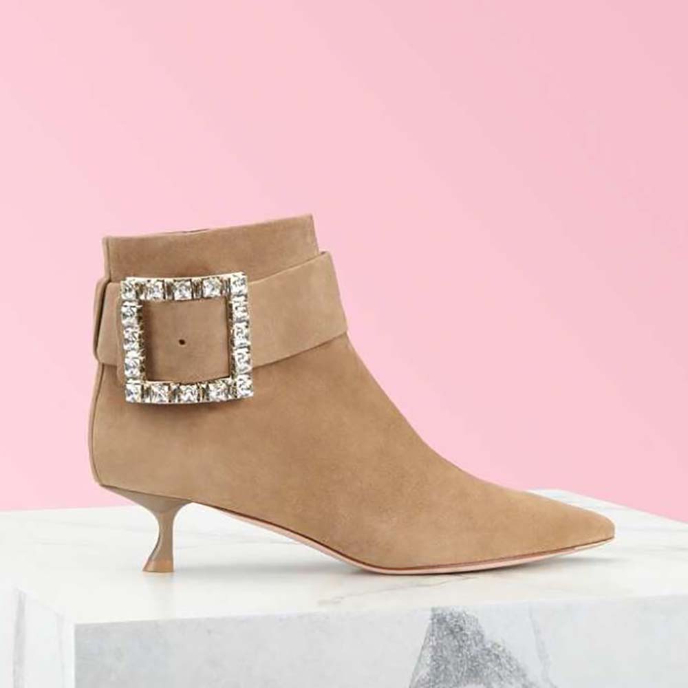 Side profile of Roger Vivier Women Pointy Strass Buckle Ankle Boots in Sandy suede