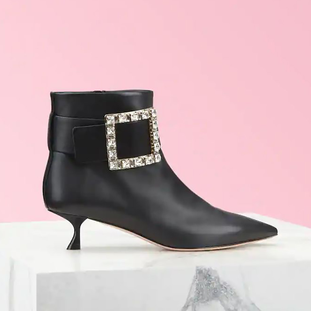 Side view of Roger Vivier Women Pointy Strass Buckle Booties in Leather-4.5cm Heel