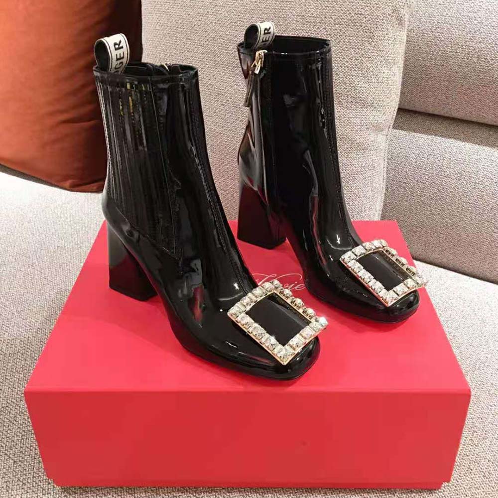 Close-up of signature strass buckle on Roger Vivier Chelsea Booties