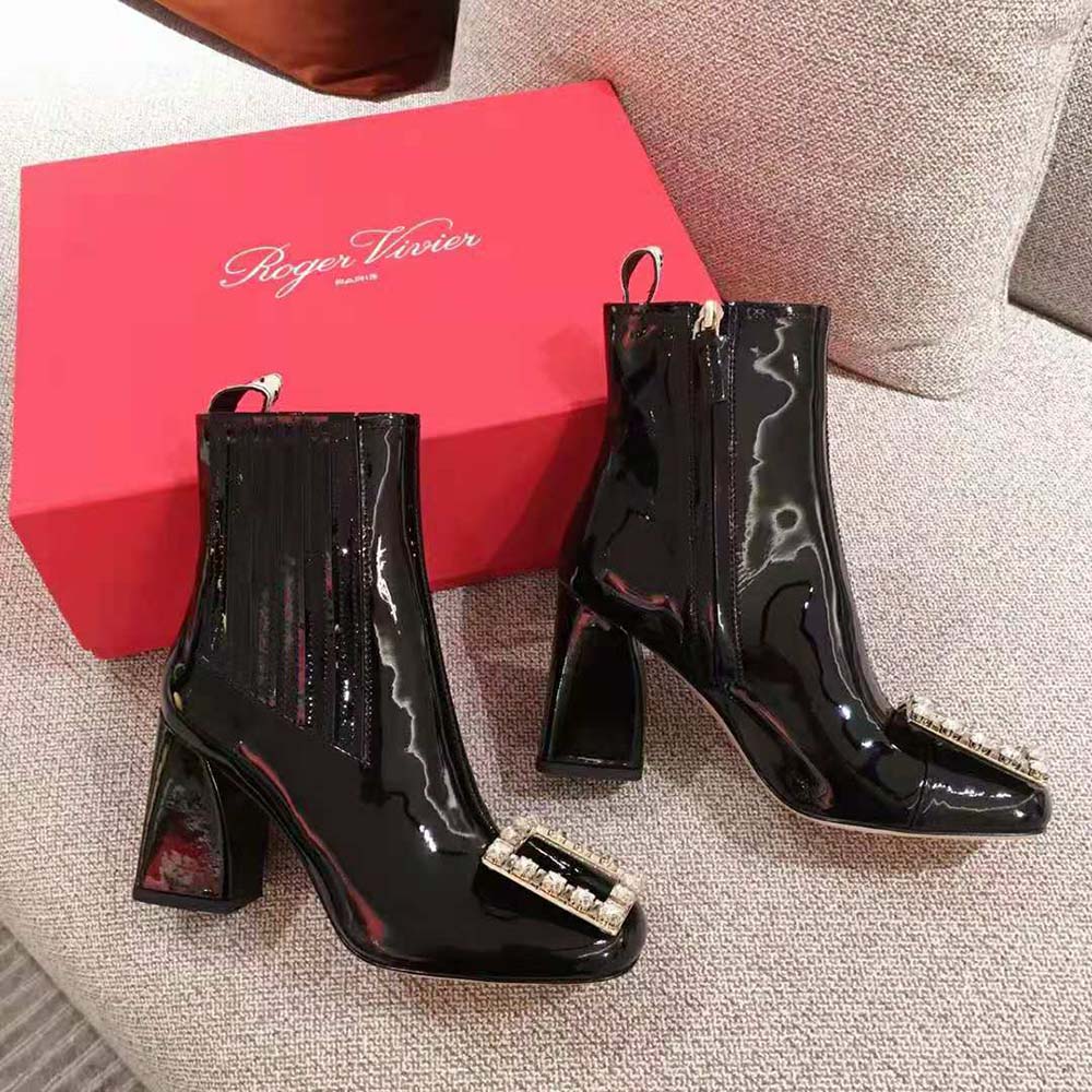 Roger Vivier Women Tres Vivier Strass Buckle Chelsea Booties in Patent Leather in 8.5cm Heel - image 8