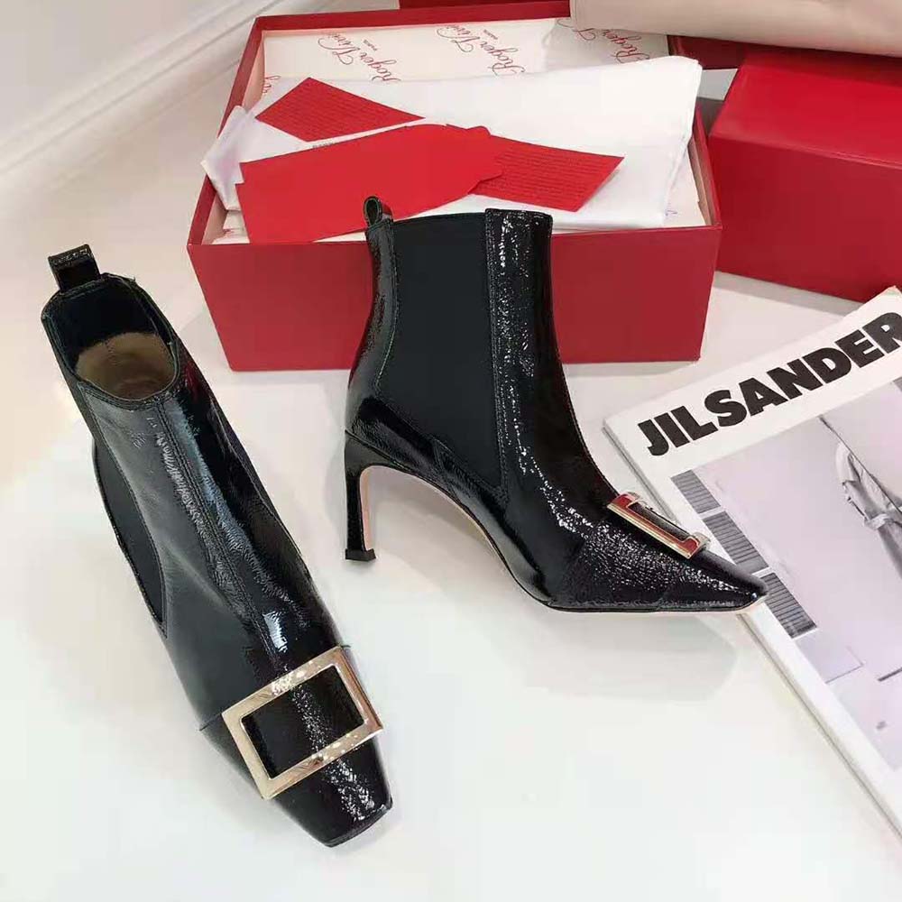 Front angle showing 6.5 cm heel on Roger Vivier Trompette Boots