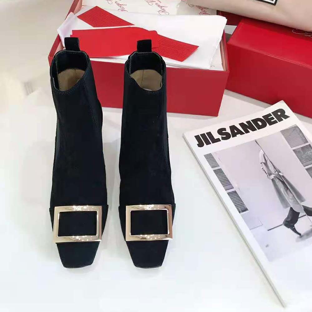 Close-up of Roger Vivier signature buckle on Trompette Chelsea Boots