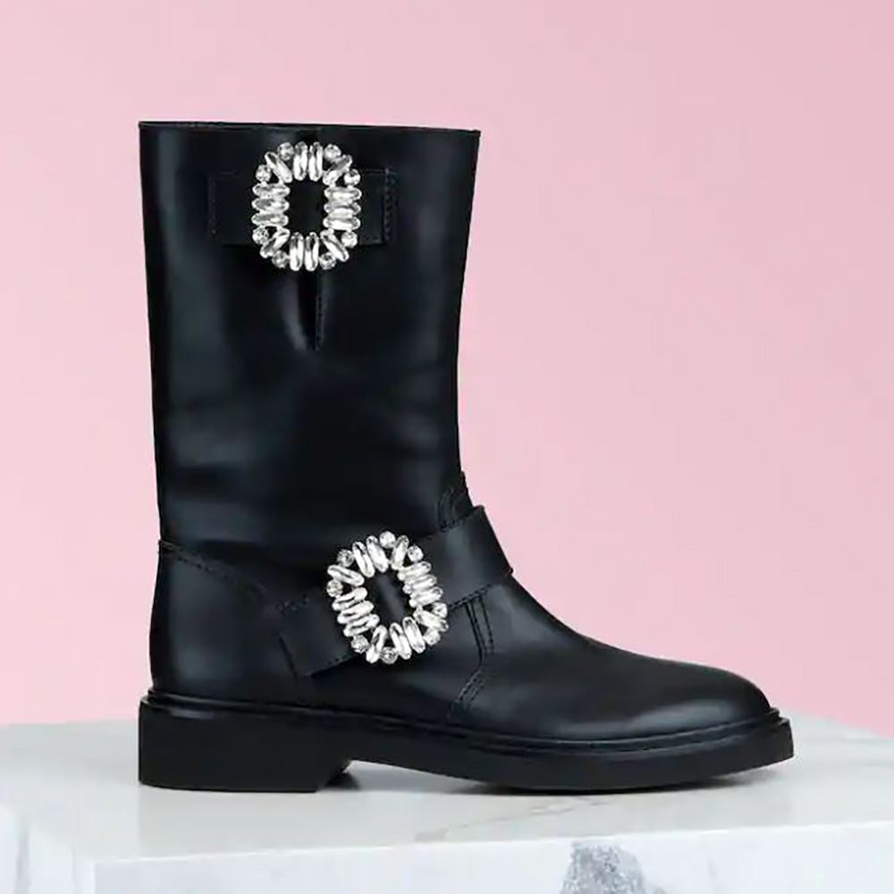 Side view of Roger Vivier Women Viv’ Biker Boots in 2.5cm Heel-Black
