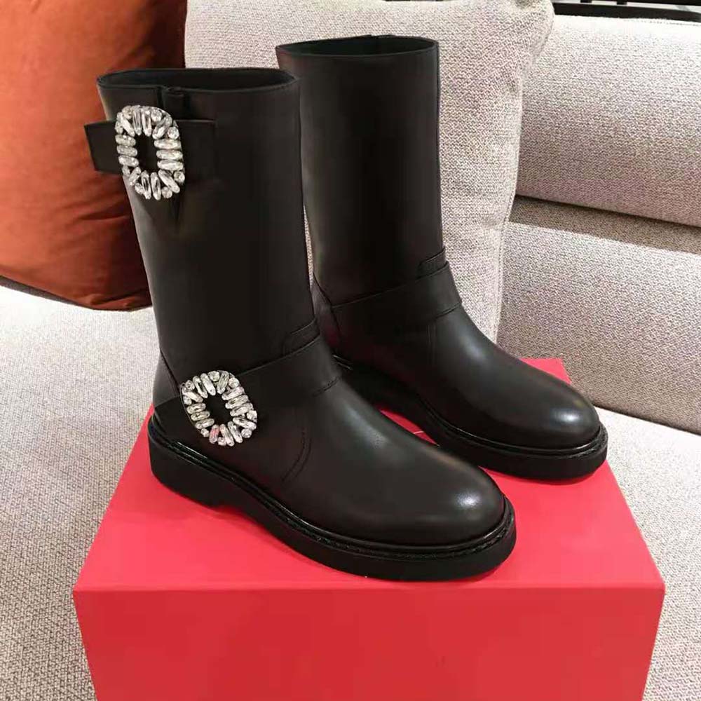 Close-up of signature buckle hardware on Roger Vivier Women Viv’ Biker Boots