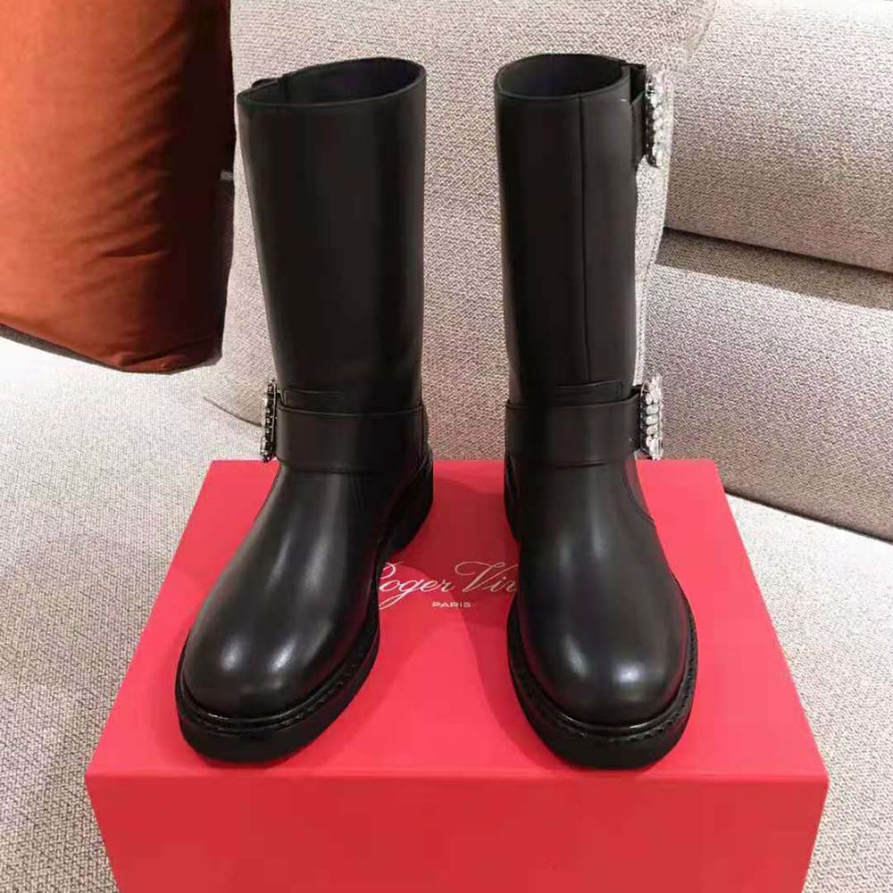 Top-down angle showing smooth black leather and zip on Roger Vivier Women Viv’ Biker Boots