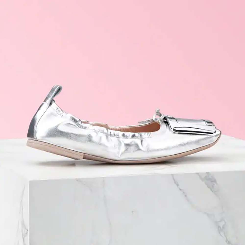 Side view of Roger Vivier Women Viv’ Pockette Metal Buckle Ballerinas in silver